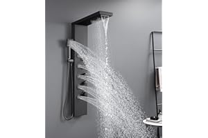 ROVATE Shower Panel Tower System with Rainfall Waterfall Shower Head, Matte Black 4-in-1 Shower Tower with Jets and Handheld,
