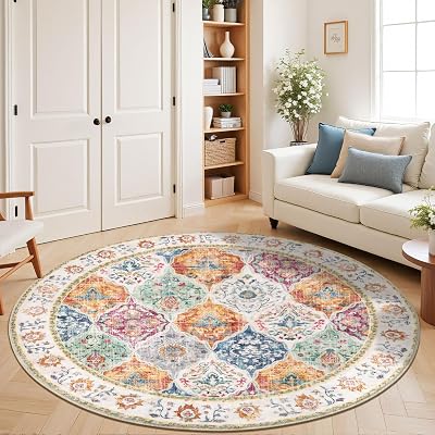SHACOS Round Rug 120 cm Non Slip Washable Boho Vintage Floral Circle