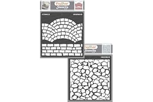 CrafTreat Brick Stencils for Painting on Wall, Wood, Canvas, Paper, Fabric, Floor, Wall and Tile - Fancy Bricks and Stone Background - 2 Pcs - 6x6 Inches Each - Reusable DIY Art and Craft Stencils