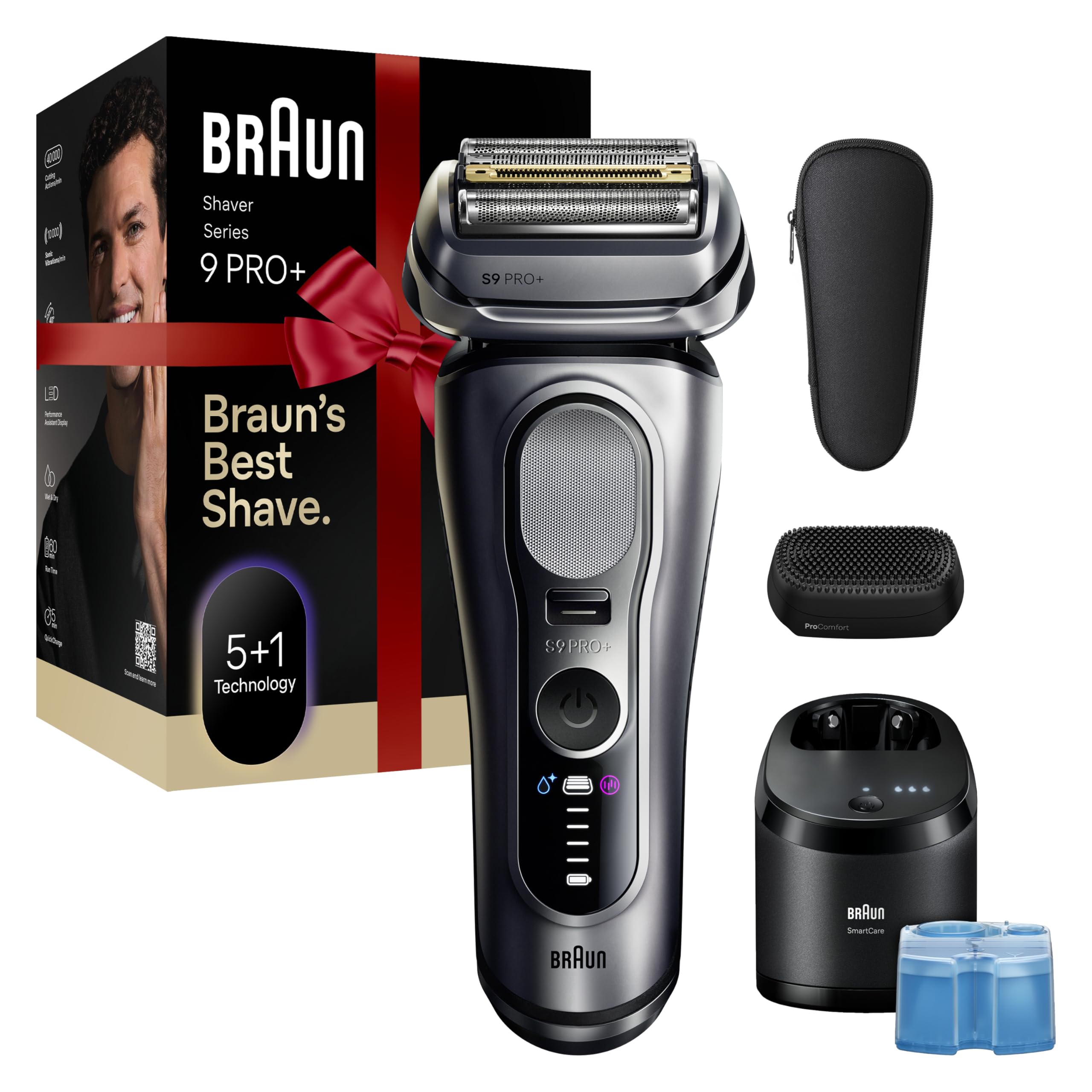Afeitadora eléctrica Braun Series 9 PRO+, Pro SensoAdapt, centro SmartCare 6 en 1, 9697CC, plateada, regalos navideños para hombres