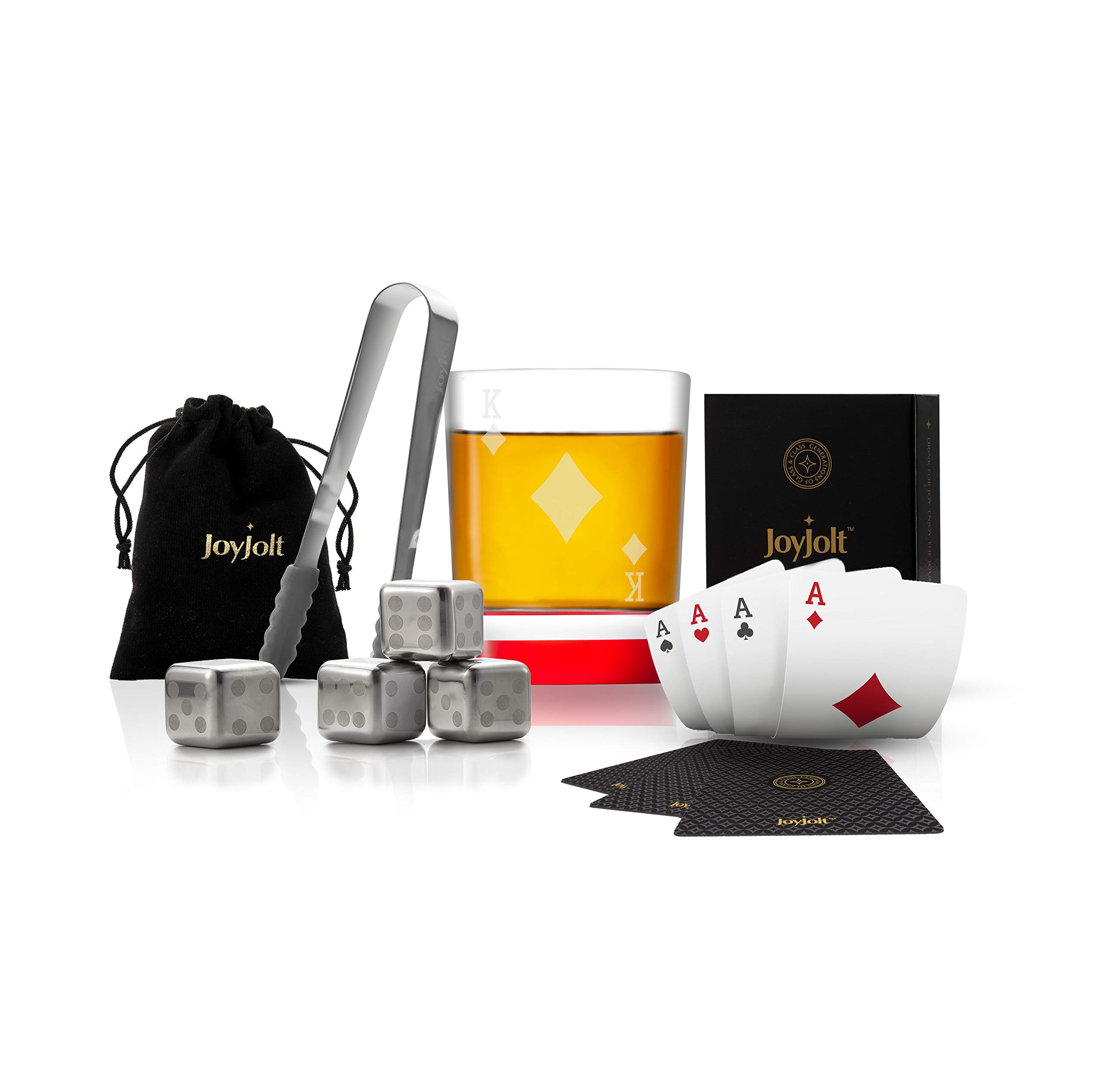 JoyJolt Poker Whiskey Glass Set - King of Diamonds Semi Square Rocks Glass Tumbler, 4x Dice Whiskey