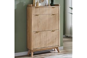 T4TREAM Fluted Shoe Storage Cabinet with 2 Flip Drawers & Top Drawer, 48" Tall Narrow Shoe Organizer, Curved Profile Design, Wooden Shoe Rack for Entryway, Hallway - Natural Oak