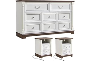 OKYCI 3PC Farmhouse Dresser and Nightstand Sets for Bedroom, Including 8 Drawer Dresser & 2 Drawer Night Stand Set of 2 with USB,Antique White