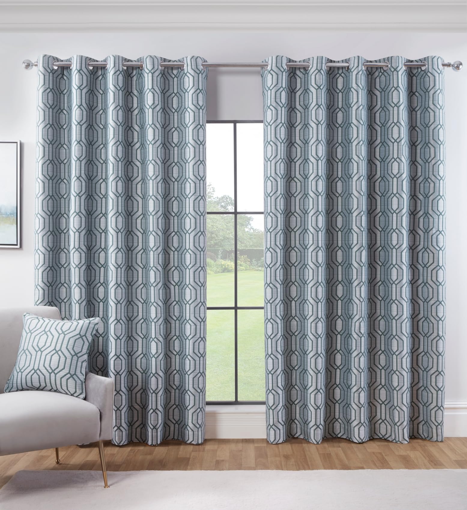 Sundour Dakota Green Geometric Fully Lined Eyelet Curtain Pair 90x72