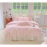SOUKECHY Chic Lace Bedding,Girls Twin Aesthetic Comforter Cover Set,Romantic French Princess Style Ruffled Duvet Cover with Lovely Bow with Zipper Closure-Pink,Twin Size