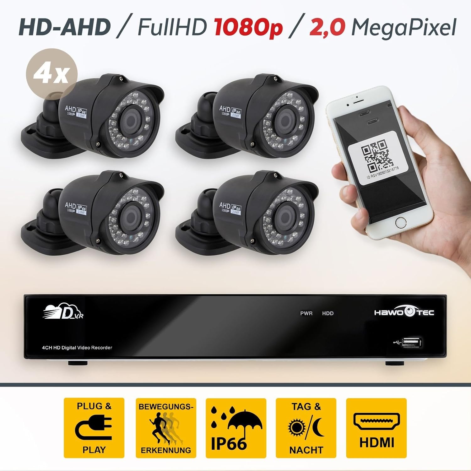 HaWoTEC Full HD AHD P2P Vigilancia de 4 canales con 4 compacta ...