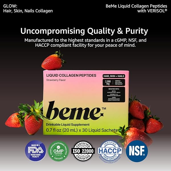BEME LIQUID COLLAGEN FOR WOMEN — 2,500MG HYDROLYZED BOVINE VERISOL COLLAGEN PEPTIDES DRINK — BIOTIN, COQ10 & VITAMIN C COLLAGEN SUPPLEMENT FOR HAIR, SKIN & NAILS — STRAWBERRY, 30 SACHETS