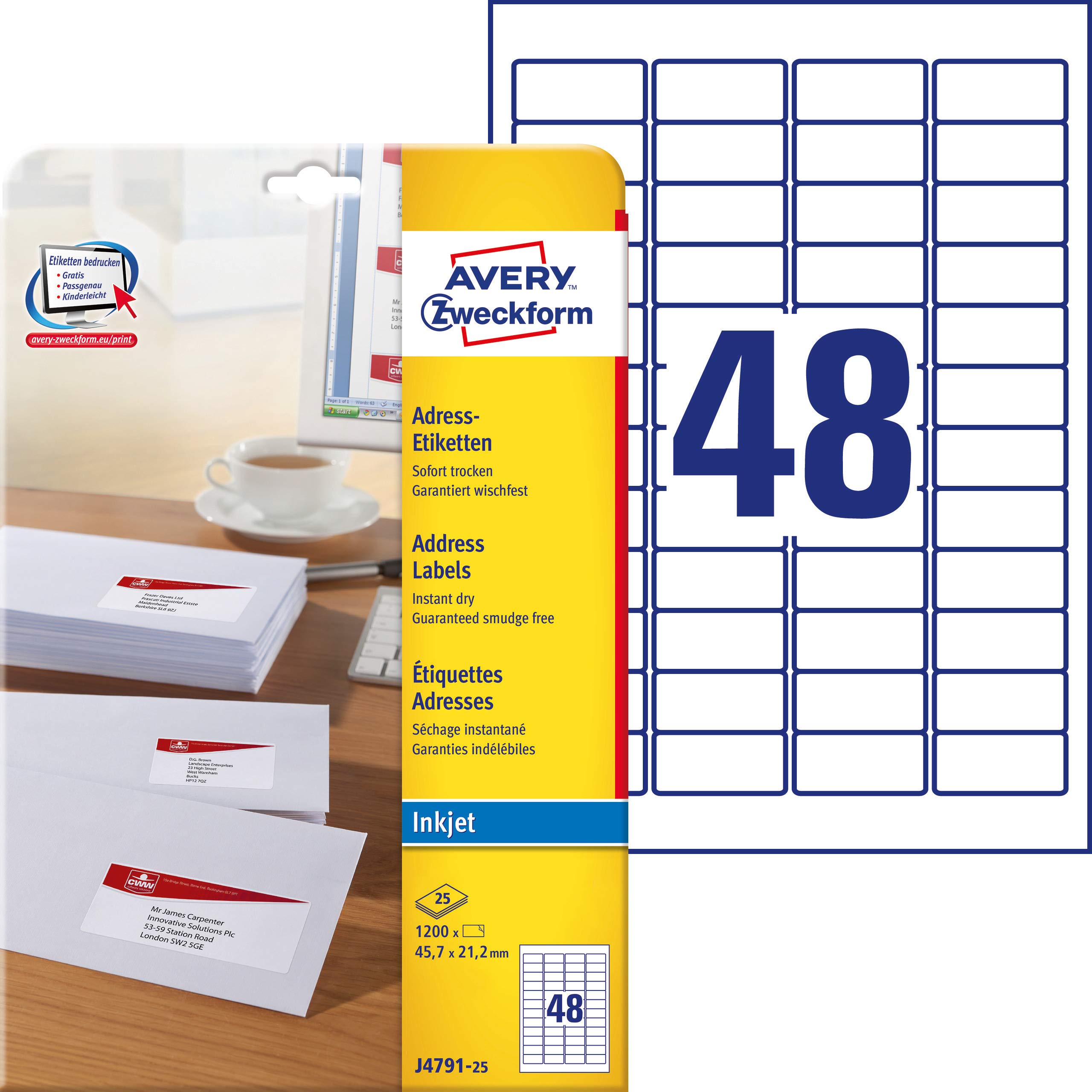 AVERY Zweckform J4791-25 Address Labels (1,200 Labels, 45.7 x 21.2 mm on A4, Printable, Self-Adhesive, for Labels, Matte Paper, Inkjet Printer), 25 Sheets, White