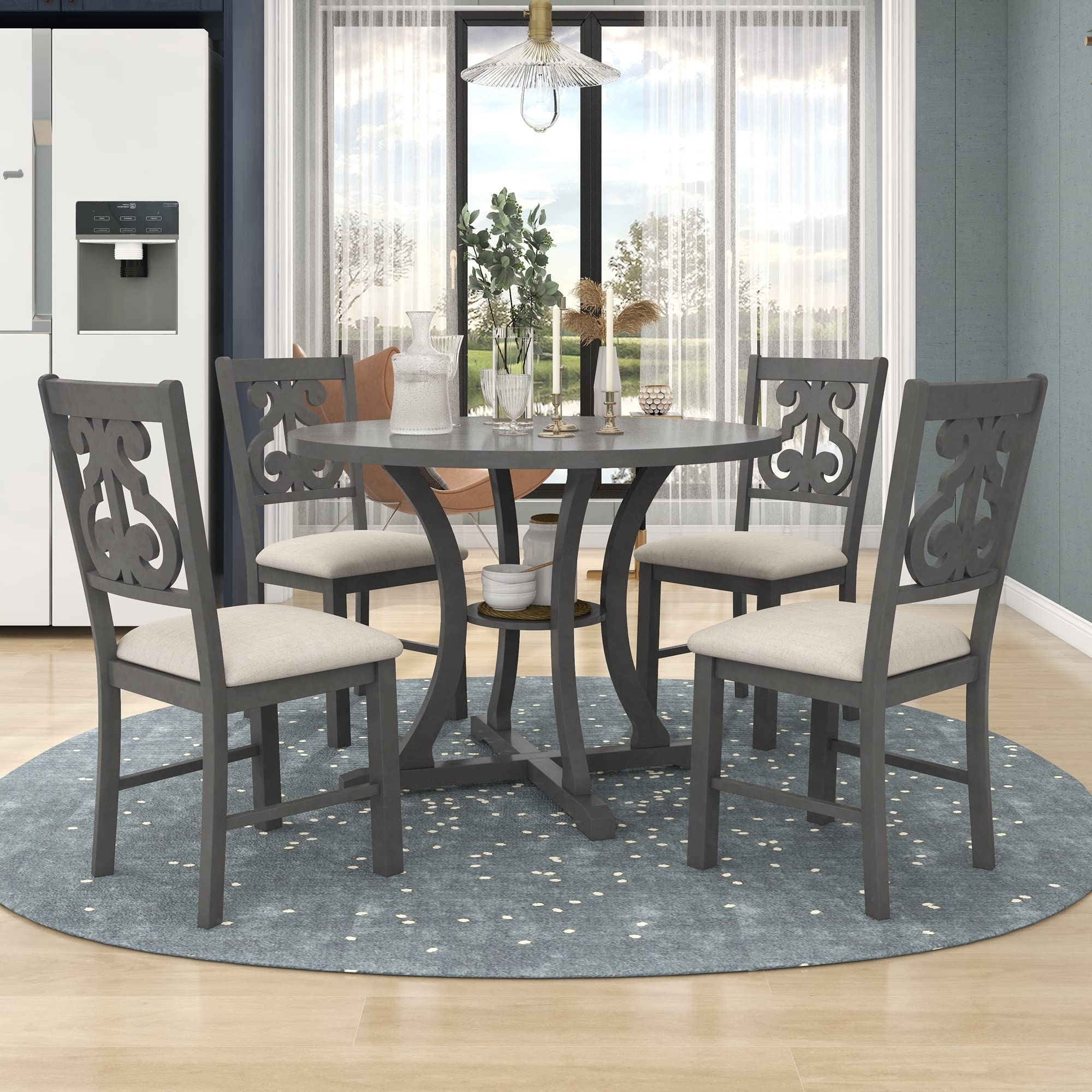 Photo 1 of ***TABLE ONLY**Merax 5 Piece Round Dining Table Set 4 Retro Chairs with Special-Shaped Table Legs, Exquisitely Designed Hollow Chair Back for Dining Room, Gray***INCOMPLETE***