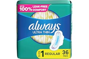 Always Ultra Thin Feminine Pads For Women, Size 1 Regular Absorbency, With Wings, Unscented, 36 Count