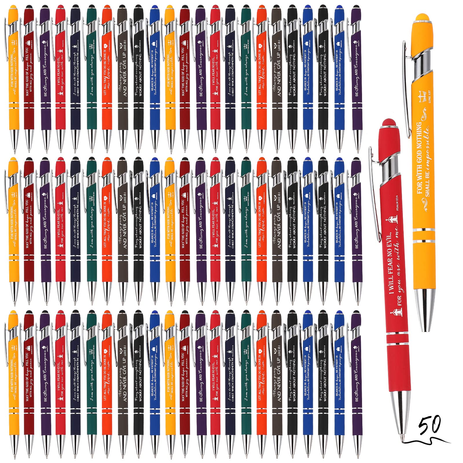 Photo 1 of Fuutreov 50 Pcs Christian Pens Gift Bulk Bible Verse Inspirational Ballpoints Screen Touch Positive Scripture Metal Pens for Back to School Bible Set Sunday School Church Men Women(Multicolor)