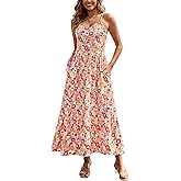 Zattcas Women's 2026 Summer Casual Floral Maxi Dress with Pockets Spaghetti Strap V Neck Empire Waist Beach Long Sundress