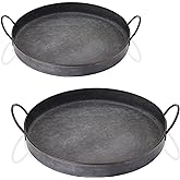 Hipiwe Set of 2 Industrial Style Metal Iron Serving Tray with Handle, Rustic Galvanized Storage Tray Round Coffee Table Home Decor Centerpiece Tray, 13.6 inch and 12.2 inch