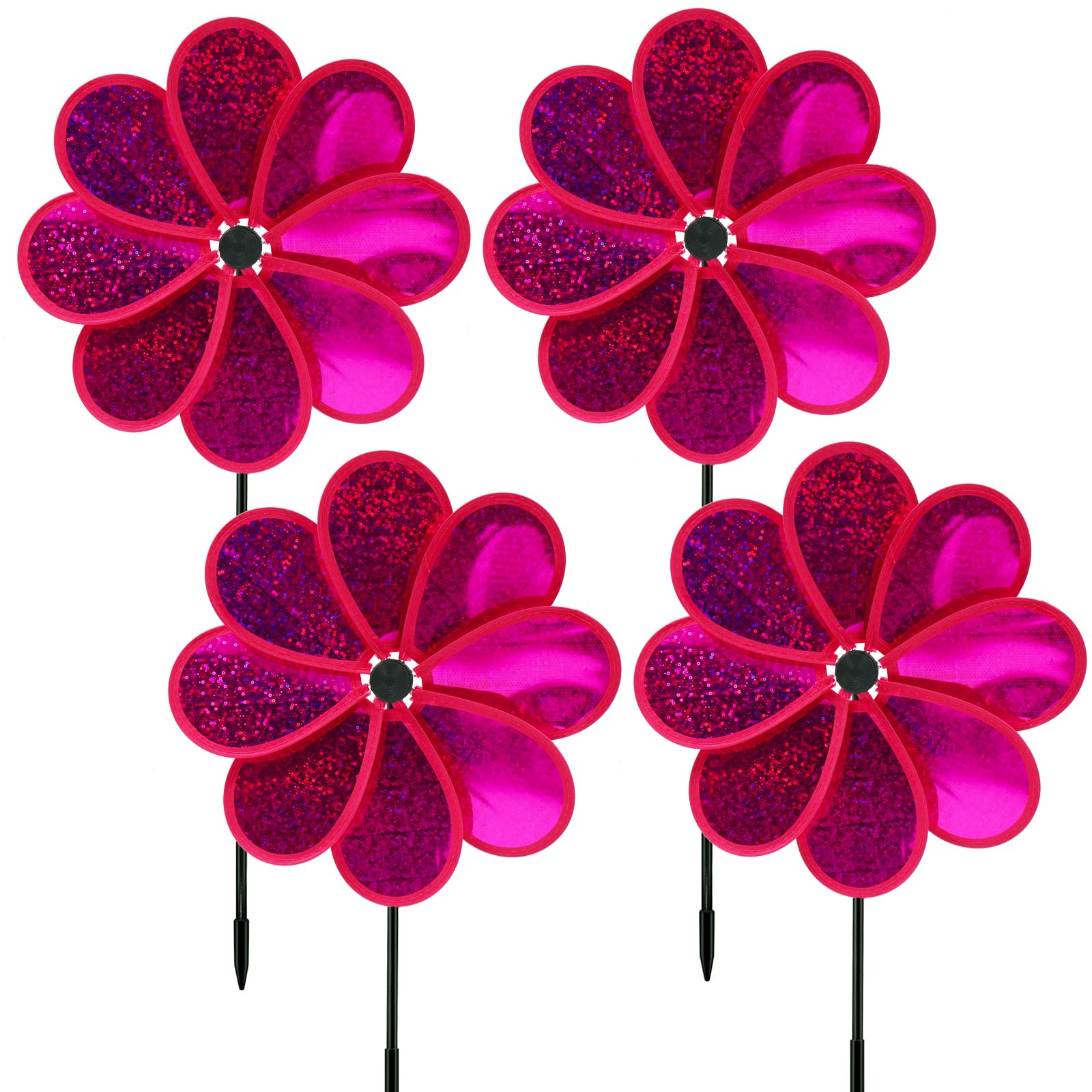 4PCS Flower Wind Spinner Sparkly Lawn Pinwheel 11.8 inch Hot Pink Garden Windmill for Garden, Party, Outdoor, Yard Decor