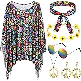 Hicarer 6 Pcs Hippie Costume Accessories Set Includes Headband Poncho Necklace Earrings Sunglasses for Women Girls