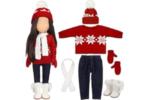 Bencailor 6 Pcs 18 Inch Christmas Doll Clothes and Accessories Winter Outfits Set Sweaters Trousers Hats Shoes Gloves for 18 Inch Doll Gifts(Red White)
