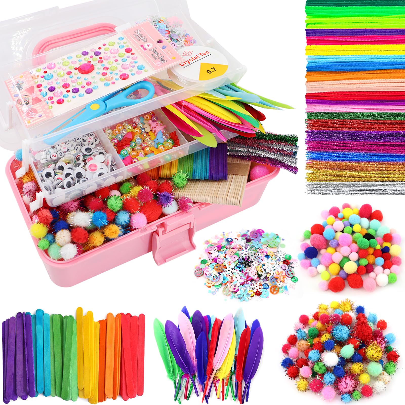 WenYa 3000+Pcs Arts and Crafts for Kids, DIY Crafts Supplies with Folding Storage Box, Make Your Own Colorful Animals with Pom Poms, Beads, Stickers & More for School Home Children Age 5 6 7 8 9 Years