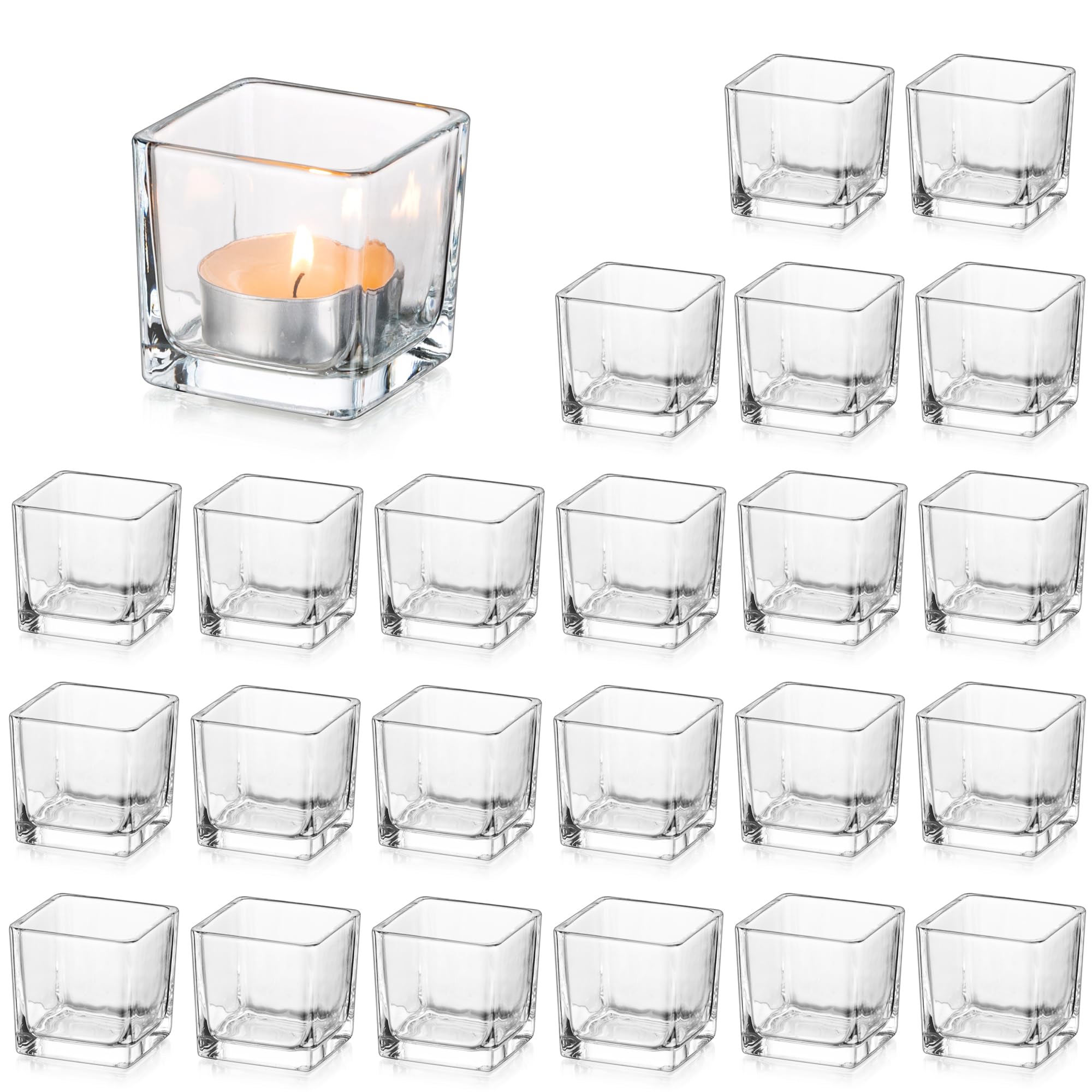 Glasseam Clear Glass Tea Light Candle Holders Set of 24, Square Small Candle Holder Bulk, Christmas Tea Light Holders for Living Room Table, Modern Tealight Candle Holders for Wedding Centrepieces