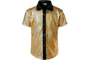 JOGAL Boy's Dress Shirt Sequins Button Down Shirts 70s Disco Party Costume