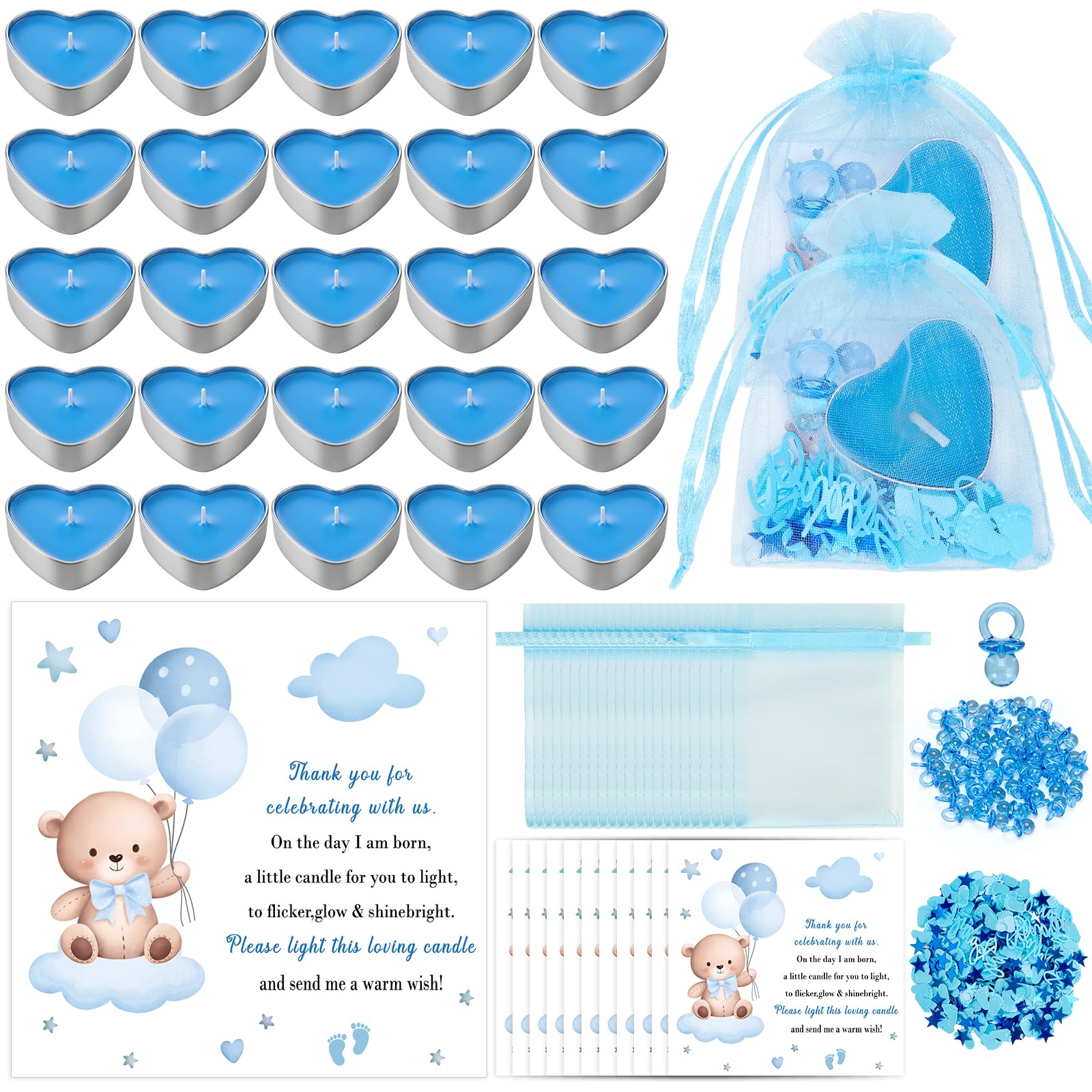 Defresit 50 Sets Baby Shower Favors Tea Light Candles for Guest Cute Boy Baby Shower Party Favors Gifts with Thank Cards Gender Reveal Party Favors,Blue