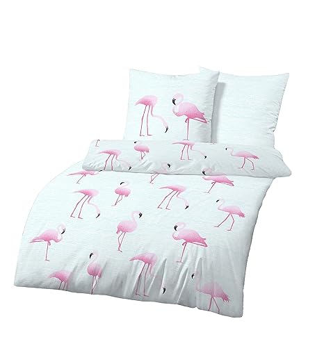 Dobnig Flamingo Bettwäsche Set | Flamingo Pink & Mint Grün | Biber Bettwäsche 135x200 cm & Kissenbezug 80x80 2tlg | Kuschelig