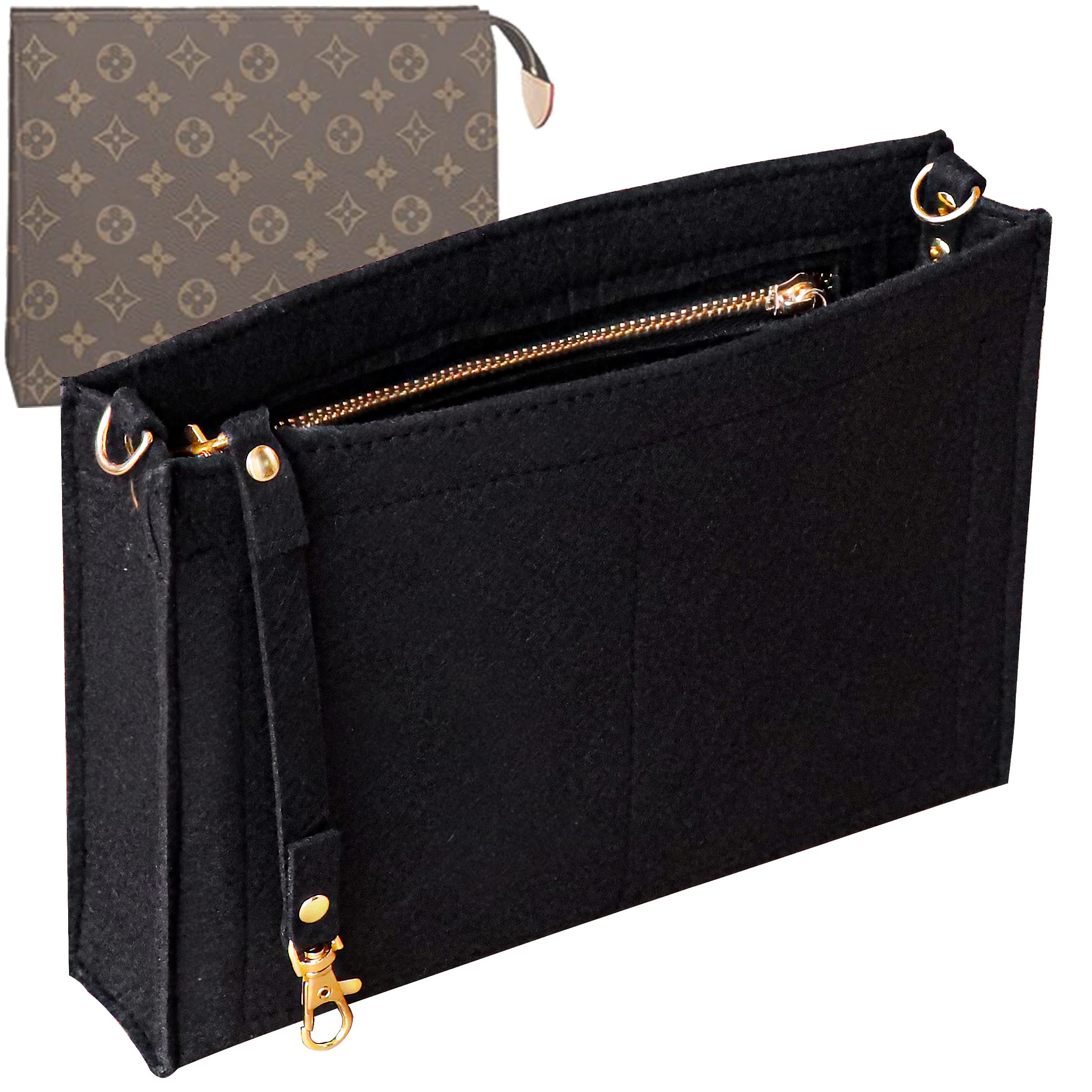 Soyizom Toiletry Pouch 19 26 Bag Organiser Insert for Cosmetics Tidy Organiser,Felt Purse Organiser Insert Ladies Tote Handbag Liner Pocket Organiser with Keychain & Gold Buckle & Zip(Small-19,Black)