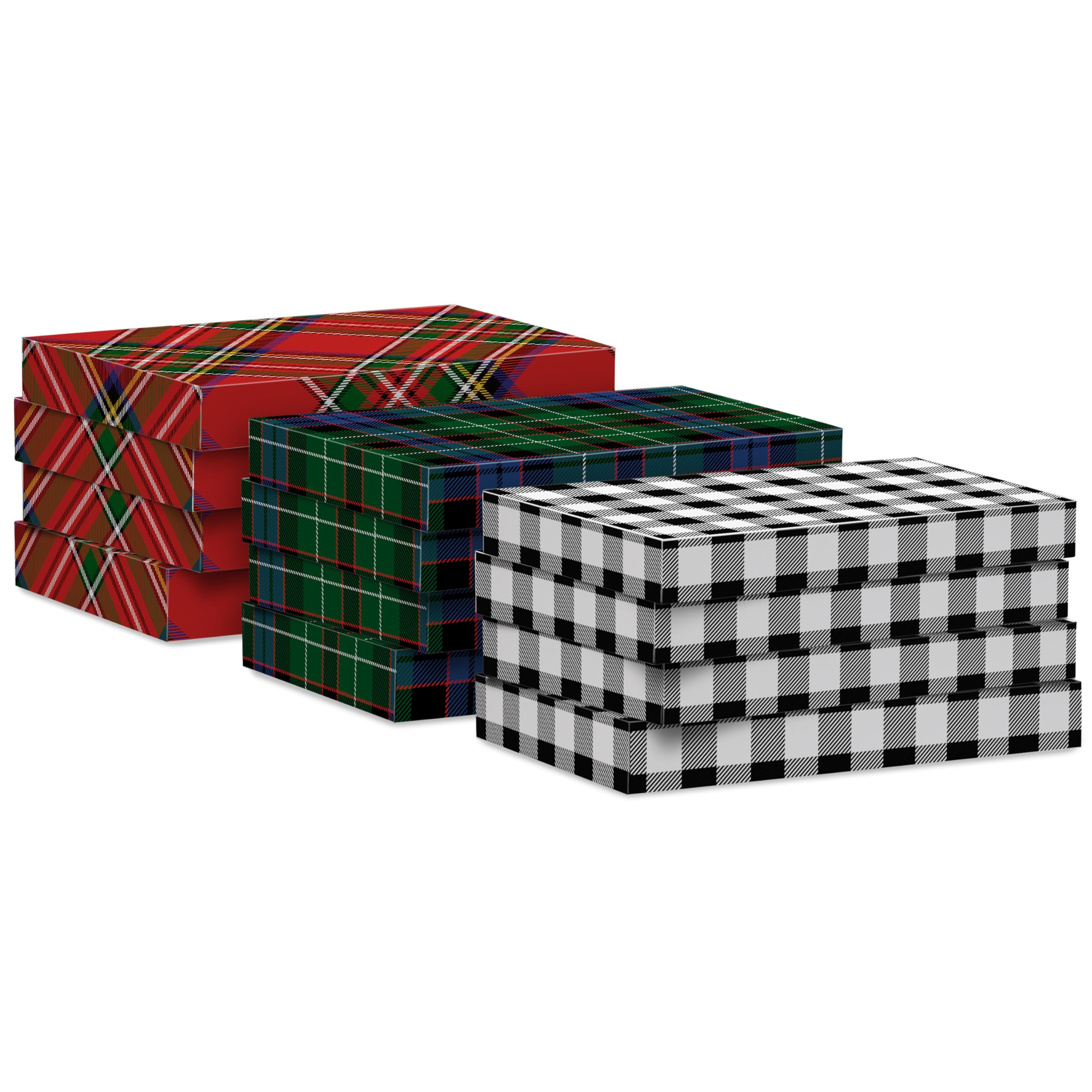 Hallmark Medium Christmas Gift Boxes with Lids (12 Shirt Boxes, 3 Designs: Blue, Green, Red Plaid, Black Buffalo Check) for Christmas, Hanukkah, Birthdays, Father's Day
