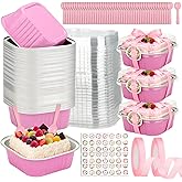 Tetutor 245 PCS 10 oz Mini Cake Pans with Lids, 60 Pack 4.4x4.4 Large Aluminium Foil Pan Mini Cake Tins with Lids and Spoons, Square Individual Baking Pan Cup for Wedding Birthday Party Picnics