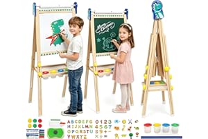 Wooden Art Easel for Kids - Foldable Double Sided With Whiteboard, Chalkboard, Paper Roll - Height Adjustable Dinosaur Standi