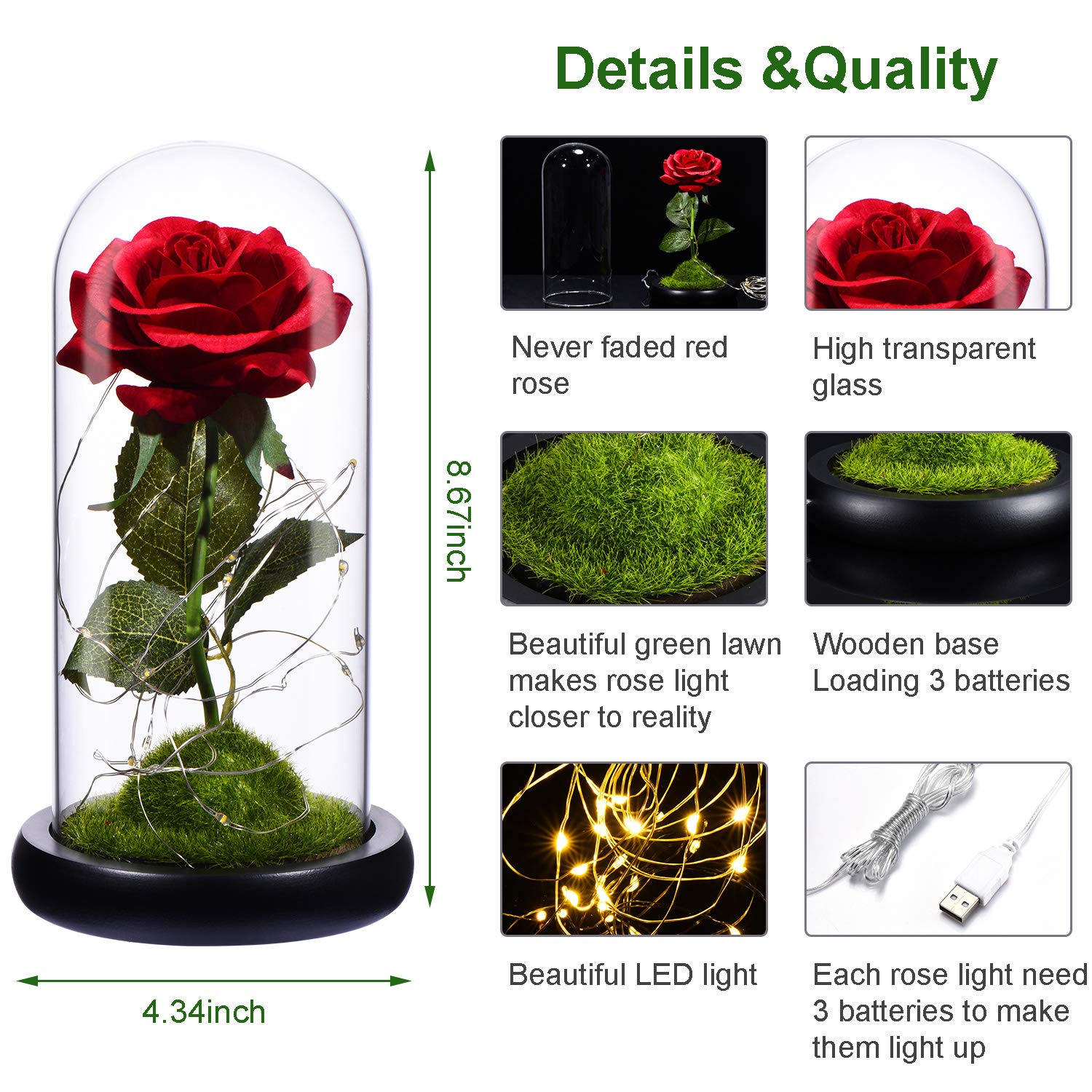 Zimer Enchanted rose, Red Rose gold lamp green grass in a Glass Dome with String LED Lights, table lamp Rose Gift for Mothers Day, Valentine\'s Day, Wedding, Birthday,Anniversary