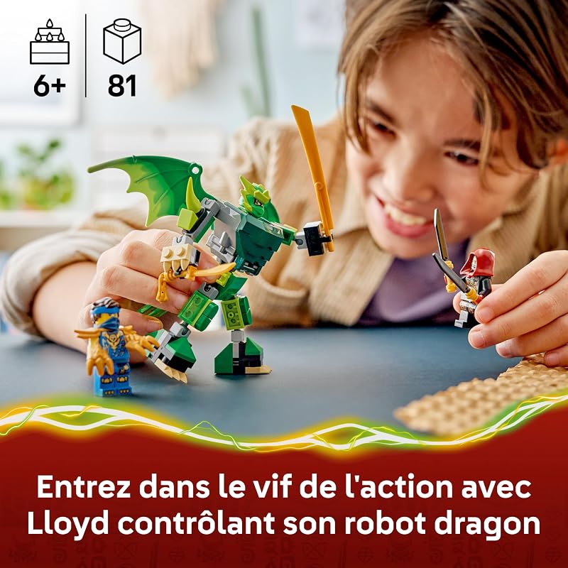 Ninjago Pack de Combat : Le Robot Dragon de Lloyd - Jouet Ninja - Figurine, 3 Minifigurines & Katanas - Décoration Chambre d'enfant - Cadeau Garçon 6 Ans ou Fan du Soulèvement des Dragons 71862