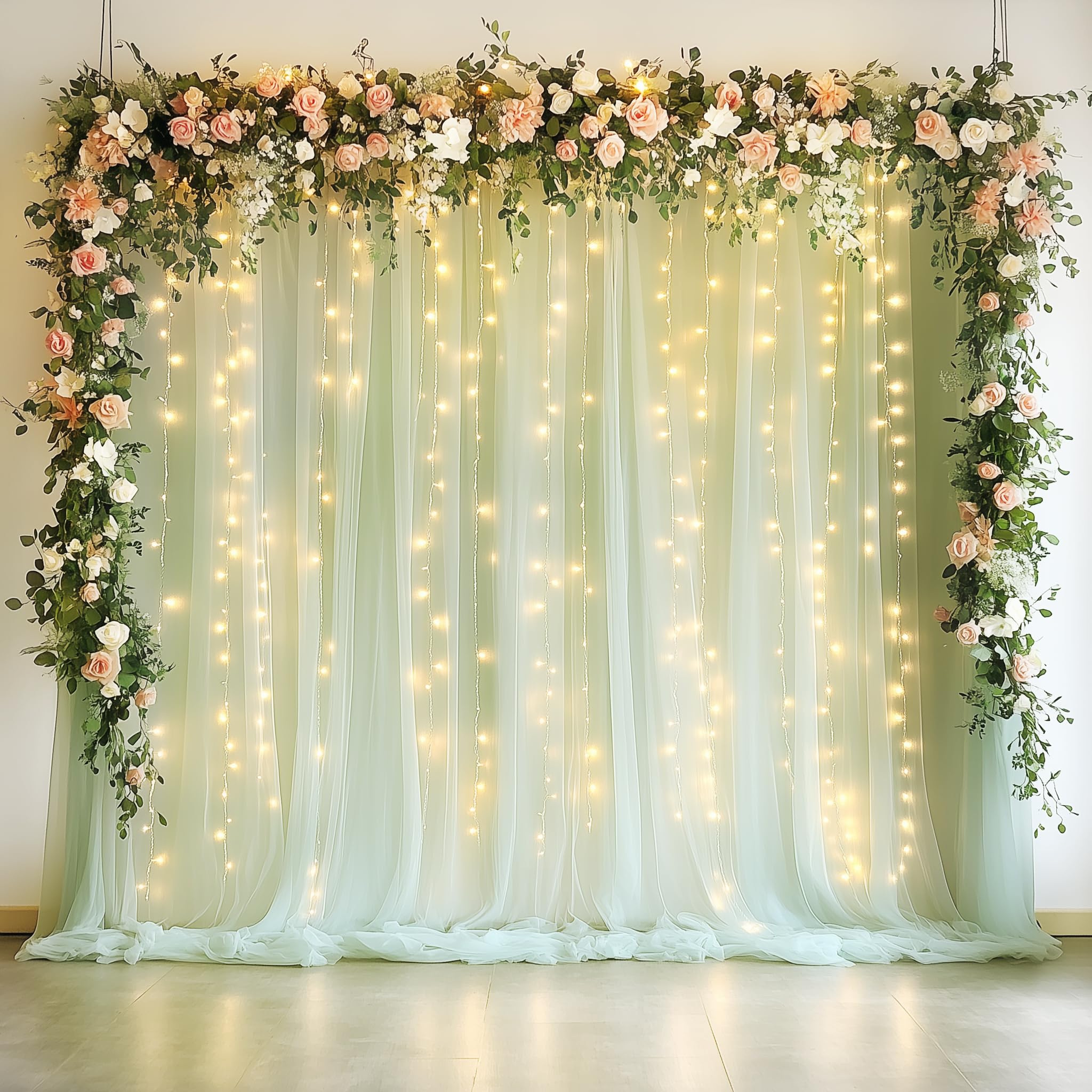 Photo 1 of Fomcet Sage Green Tulle Backdrop Curtains with Lights String 10FT X 10FT Sheer Curtains with Lights for Backdrop Tulle Curtains Backdrop for Wedding Birthday Party Photo Shoot (2 Panels 5x10FT)