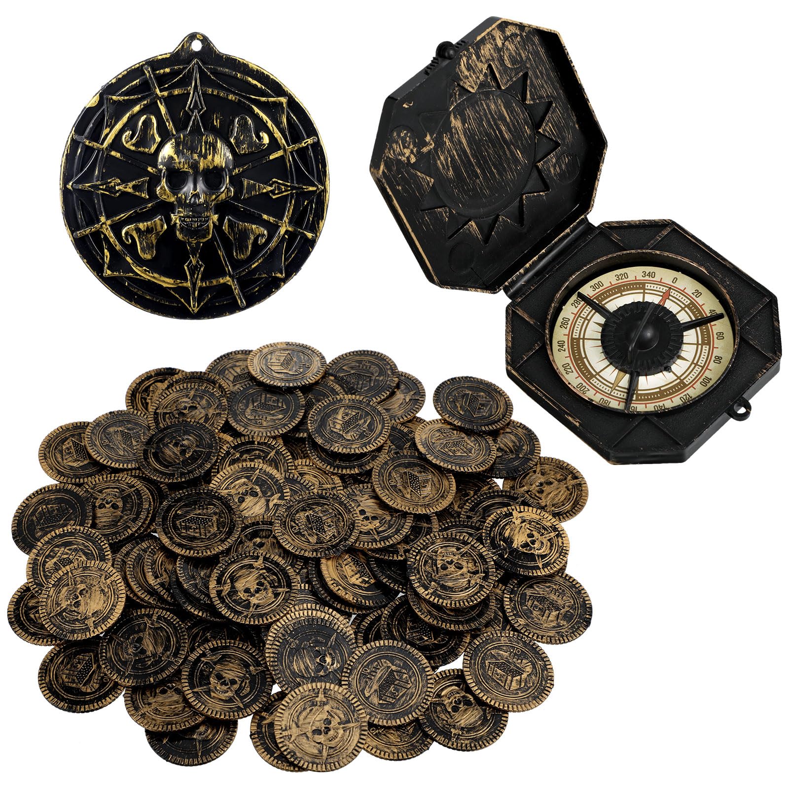 Photo 1 of 102 Pieces Pirate Theme Party Supply, Include Vintage Treasure Gold Coins, Pirate Skull Necklace and Compass, Accessories Costume for Halloween Cosplay Party (Bronze)