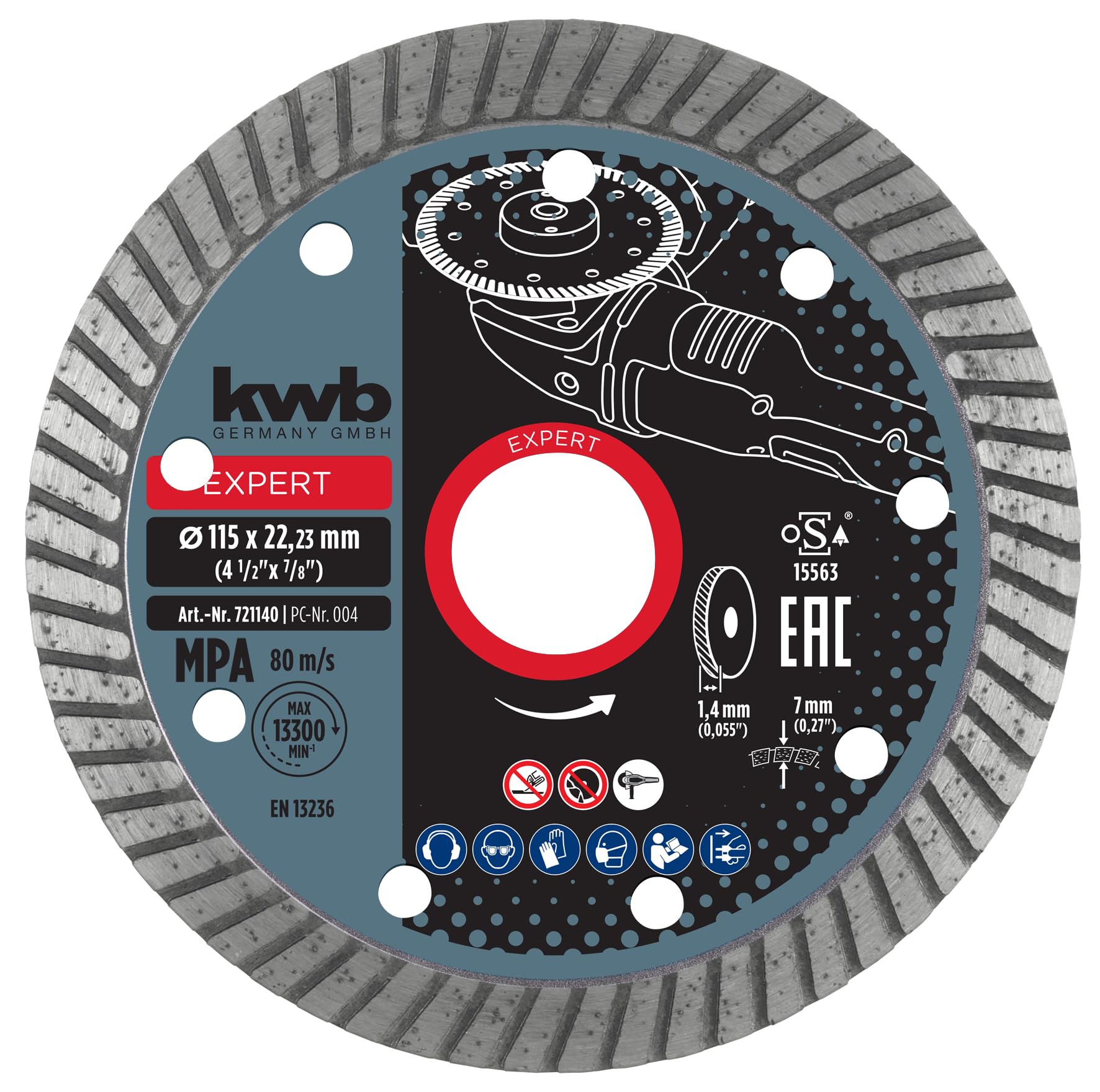 kwb Aggresso-Flex® Diamond Cutting Disc Ø 115 Mm with Extra Thin Turbo Edge, Sintered, Long Service Life, with 22.23 Mm Bore and Side Holes — image 1