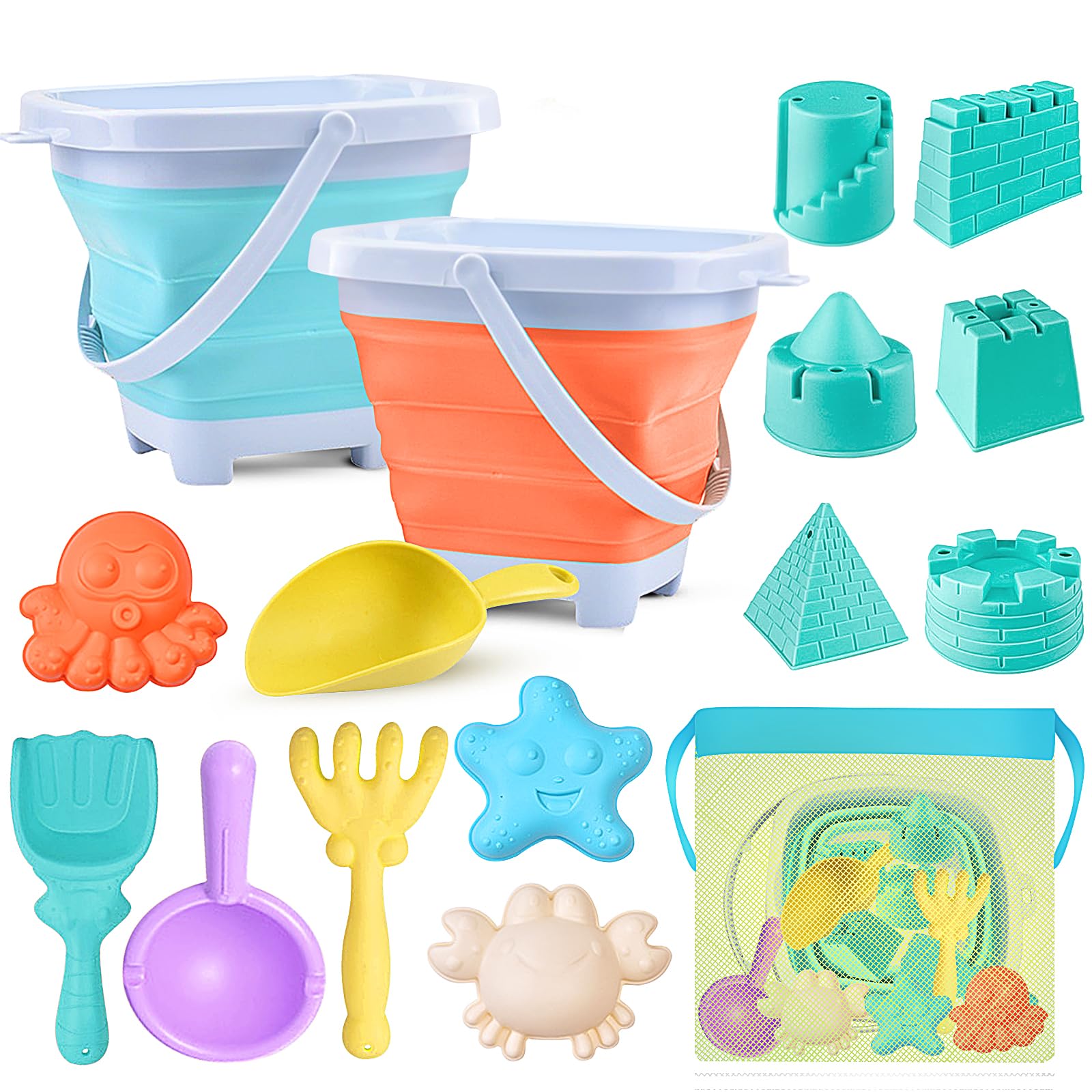 YZNlife Beach Sand Toys Kids Toddlers,16 PCS Sand Pit Toys with Collapsible Bucket and Spade Beach Set Kids Toddler Beach Toys
