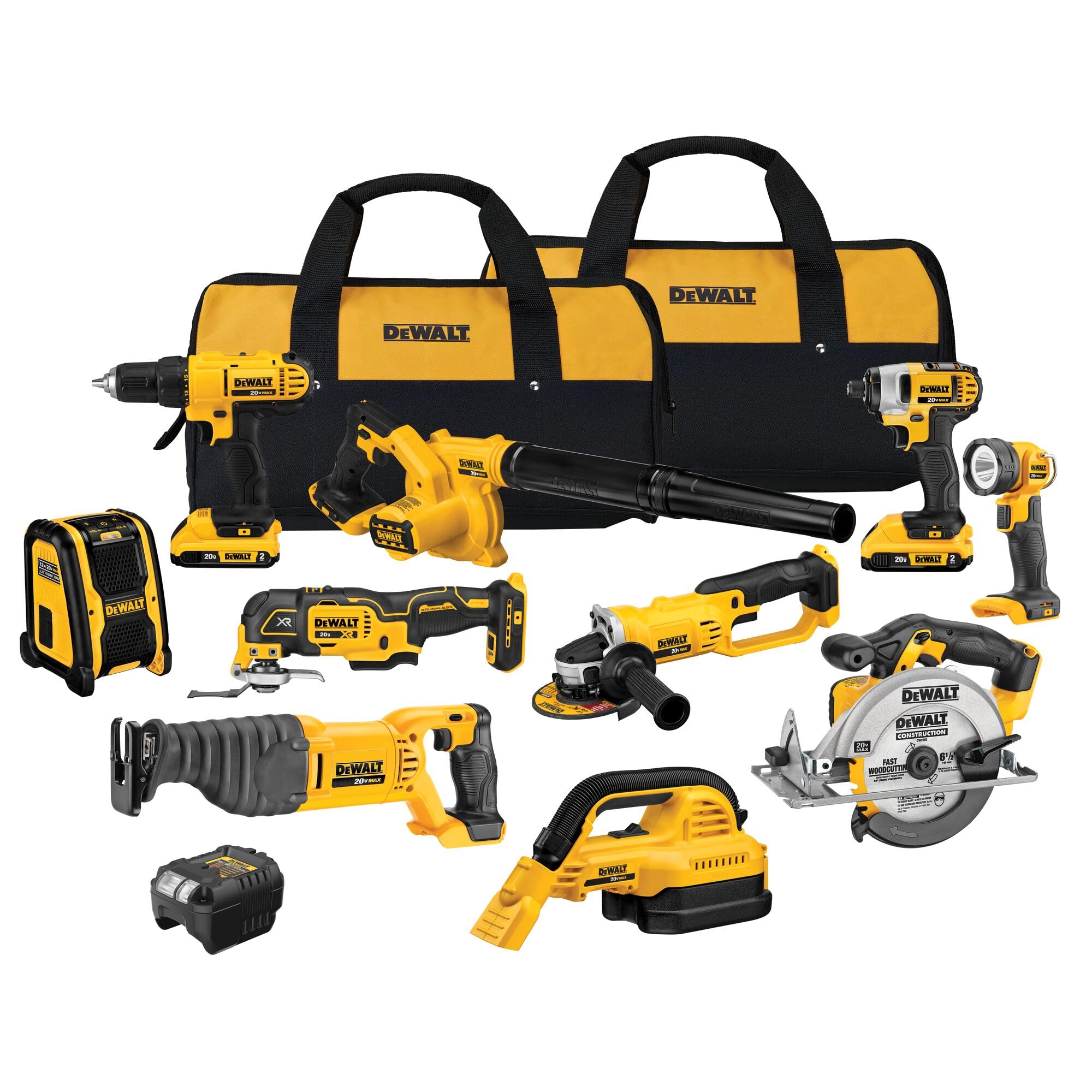 DEWALT Kit combinado de herramientas eléctricas inalámbricas de 20 V MAX de 10 herramientas, taladro, destornillador de impacto, sierra circular y recíproca, amoladora, soplador, multiherramienta, aspiradora, luz, altavoz, 2 baterías, cargador, bolsas (DC