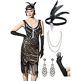 YESSA Flapper Dresses 1920s Gatsby Dress for Women Roaring 20s Costumes Fringed Sequin Cocktail Dress with 20s Accessories