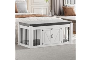 Faceket Dog Crate Furniture with Padded Seat, Luxury Wooden Dog Kennel, End of Bed Bench Ottoman with Removable Cushion for Bedroom, Living Roome, White