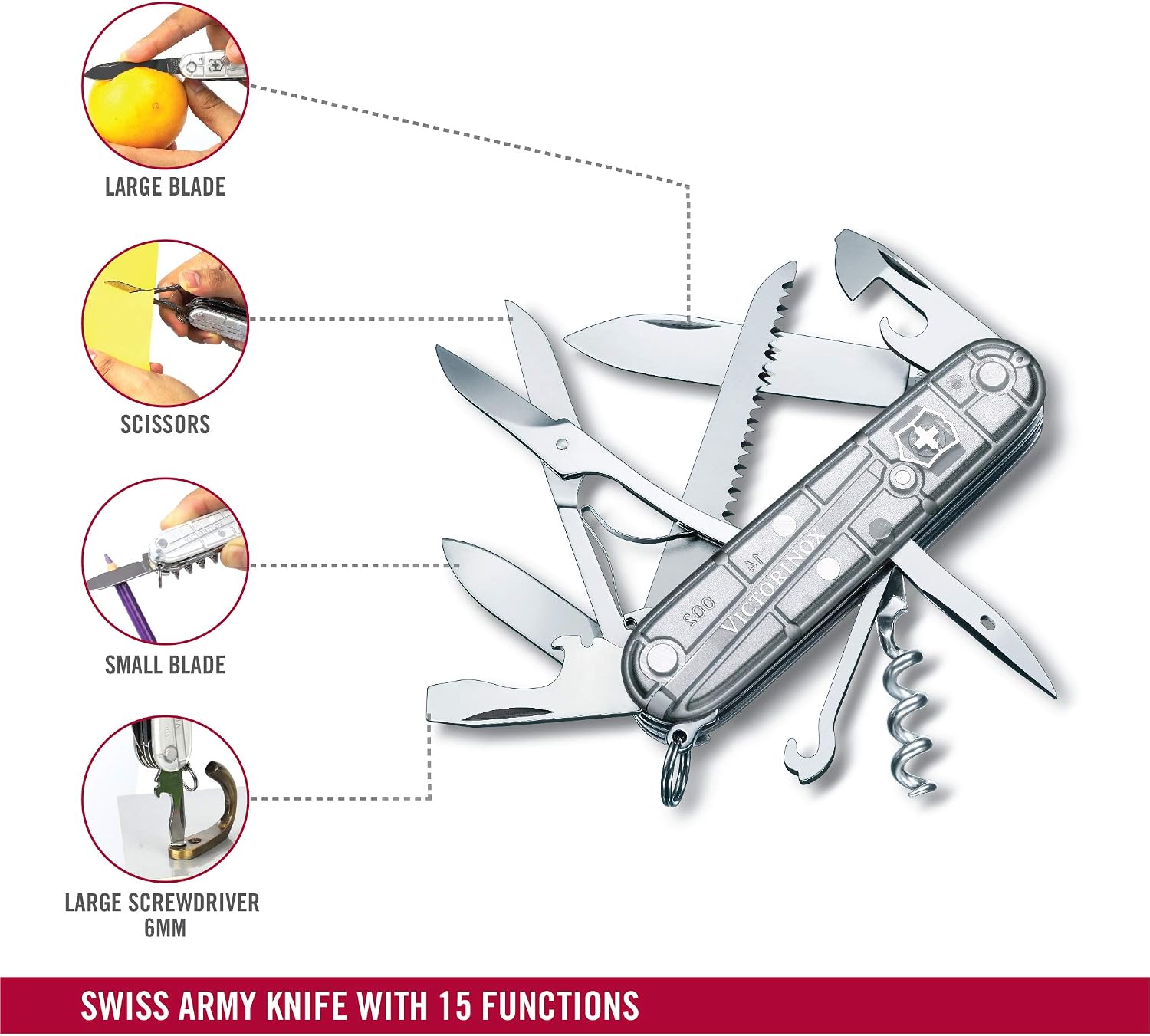 Victorinox Huntsman Swiss Army Knife, Medium, Multi Tool, Camping Knife, 15 Functions, Large Blade, Bottle Opener, Silver Transparent - Image 3