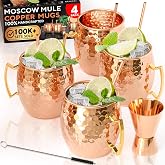 Moscow Mule Copper Mugs Set of 4, 16 oz Pure Copper Cups for Drinking | Handcrafted and Food Safe with No Lining, Gift Boxed with Two Cocktail Straws and a Jigger, Ice Cold to the Very Last Sip