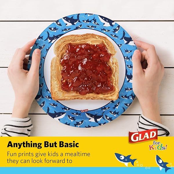 GLAD FOR KIDS 8.5 INCH ROUND PAPER PLATES, CUTE SHARKS DESIGN, HEAVY DUTY CUT-RESISTANT AND SOAK-PROOF DISPOSABLE PLATES, MICROWAVABLE KIDS TABLEWARE FOR MEALS, PARTIES, SNACKS, 20 COUNT – 6 PACK