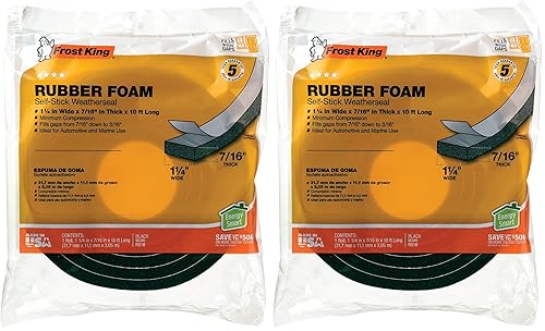 Frost King R516H 1-1/4-Inch by 7/16-Inch by 10-Foot Thick Sponge Rubber Foam Tape, Black (Pack of 2)