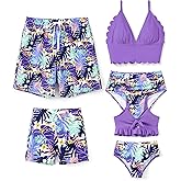 Family Matching Solid Scallop Trim Strappy Two-Piece Swimsuit and Allover Floral Print Swim Trunks Shorts