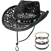 Urradia Black Straw Cowboy Hat Womens Cowboy Hats Western Cowgirl Hats for Men with Decorative Bands & Plastic Hat Shaper Insert Wide Brim Vintage Men Woven Sun Hat for Travel Beach Festival Party