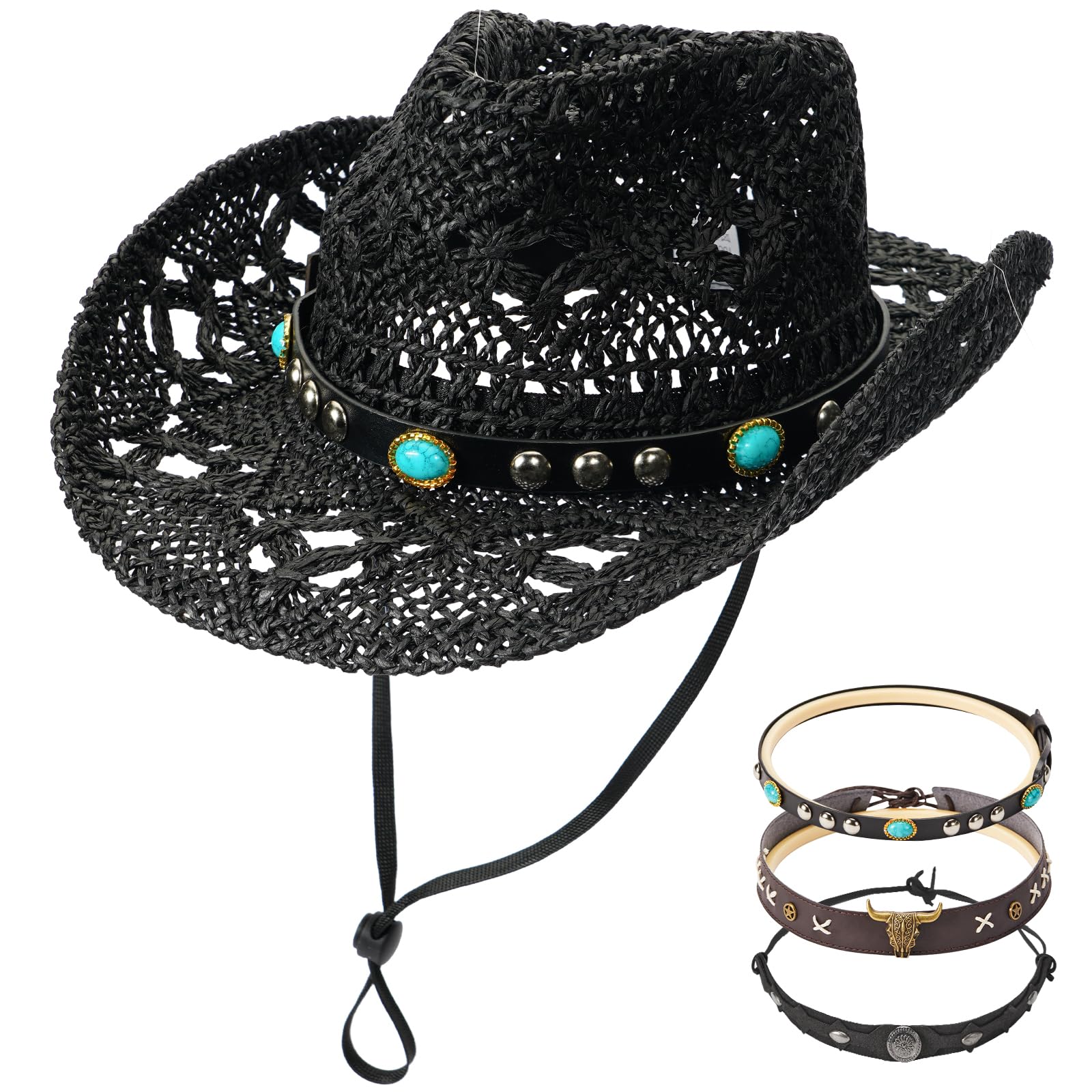 Photo 1 of Urradia Black Straw Cowboy Hat Womens Cowboy Hats Western Cowgirl Hats for Men with Decorative Bands & Plastic Hat Shaper Insert Wide Brim Vintage Men Woven Sun Hat for Travel Beach Festival Party