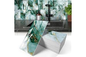 MOONFUN 50-Pieces Thick PVC Glossy Subway Tile,4"x 8" Peel and Stick Backsplash Wall Tiles,Golden Veined Emerald Marble Self-Adhesive Backsplash for Kitchen,Bathroom(11.11 Sq. Ft. Coverage)