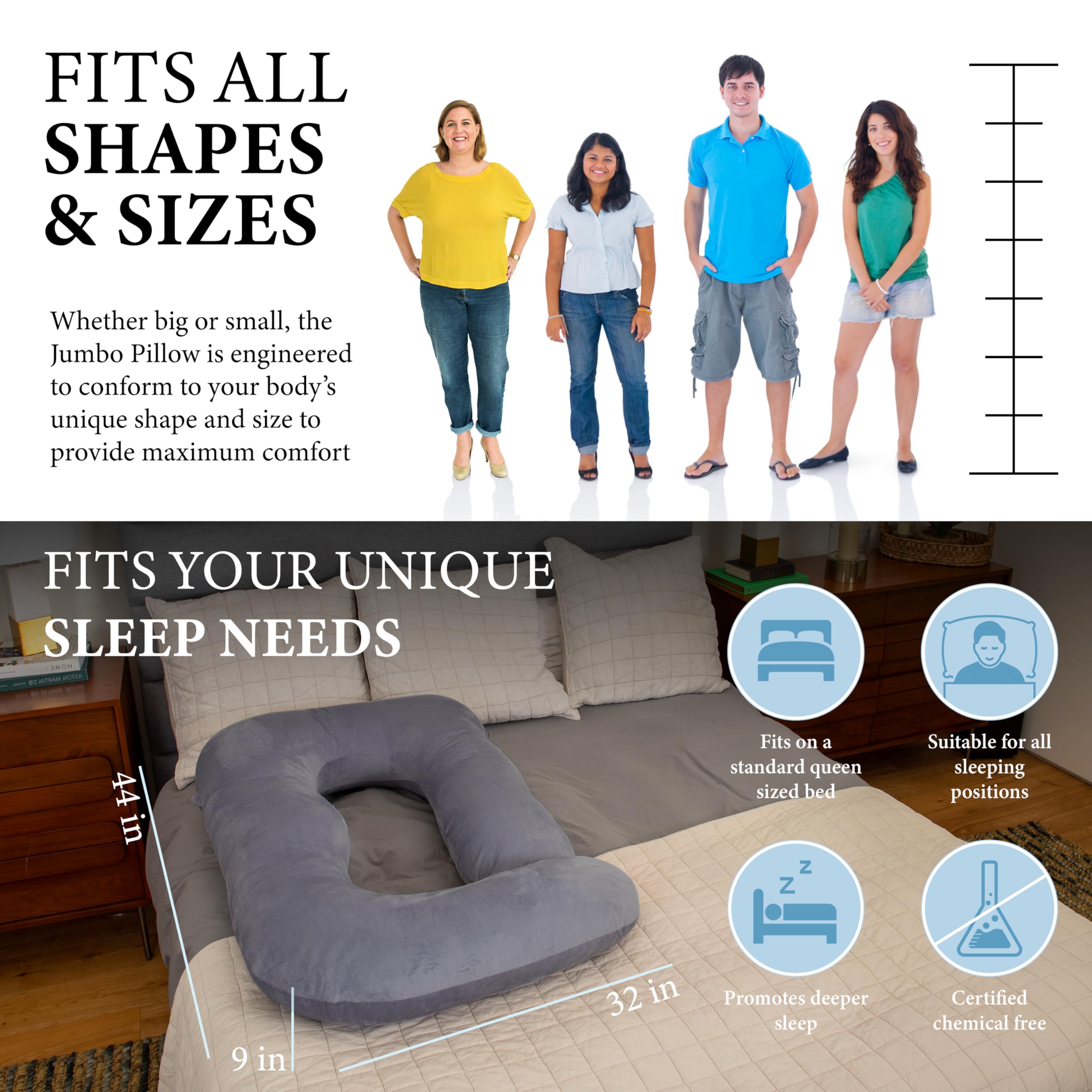 Pharmedoc Pregnancy Pillows, U-Shape Full Body Pillow -Removable Cover Jumbo Size - Gray - Pregnancy Pillows for Sleeping - Body Pillows for Adults, Maternity Pillow and Pregnancy Must Haves