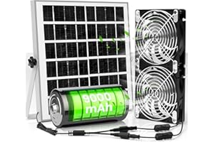 DSTANA Solar Fan with Battery, 20W Solar Powered Greenhouse Exhaust Intake Fan for Outside Chicken Coop, Doghouses, Shed Circulation Cooling Ventilation, Waterproof, 16Ft On/Off Cable