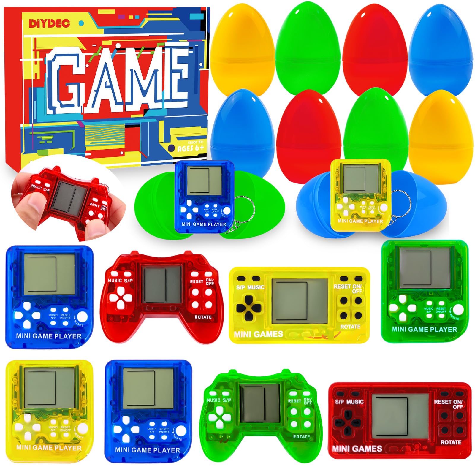 DIYDEC 8PCS Prefilled with Easter Eggs Video Game Toys, Mini Video Game Keychain Party Favors for Kids Easters Basket Stuffers for Boy Girl School Classroom Prizes Hunt Supplies