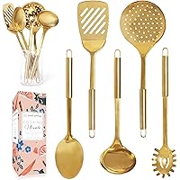 Brass/Gold Cooking Utensils Set for Modern Cooking and Serving - 5 PC Dishwasher Safe Stainless Steel Gold Utensils Set - Gol